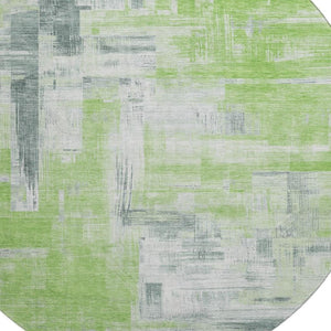 HomeRoots 8' X 8' Artichoke Green Gray Ivory Abstract Round Rug – Washable, UV Protected, Ideal for Busy Homes 693069