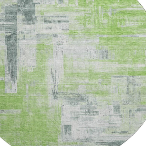HomeRoots 8' X 8' Artichoke Green Gray Ivory Abstract Round Rug – Washable, UV Protected, Ideal for Busy Homes 693069