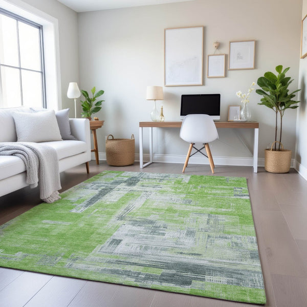 HomeRoots 8' Artichoke Green Gray Ivory Abstract Area Rug – Durable, Washable, UV-Protected for Busy Homes 693070