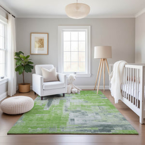 HomeRoots 8' Artichoke Green Gray Ivory Abstract Area Rug – Durable, Washable, UV-Protected for Busy Homes 693070
