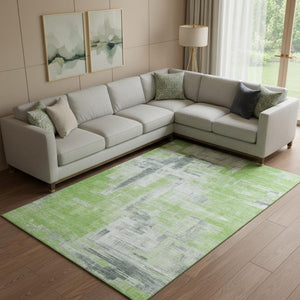 HomeRoots 9' X 12' Artichoke Green Gray Ivory Abstract Area Rug - Washable, UV-Protected & Durable Design 693071