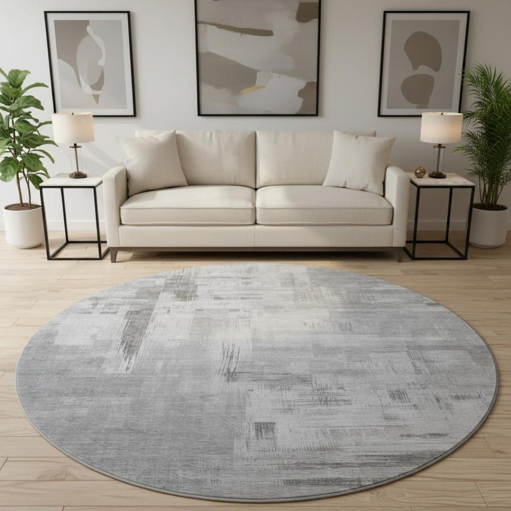 HomeRoots 8' X 8' Abstract Gray, Silver & Charcoal Round Rug - Washable, UV Protected, Non-Slip Backing & Durable 693075