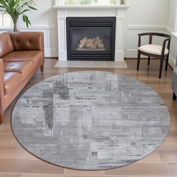 HomeRoots 8' X 8' Abstract Gray, Silver & Charcoal Round Rug - Washable, UV Protected, Non-Slip Backing & Durable 693075