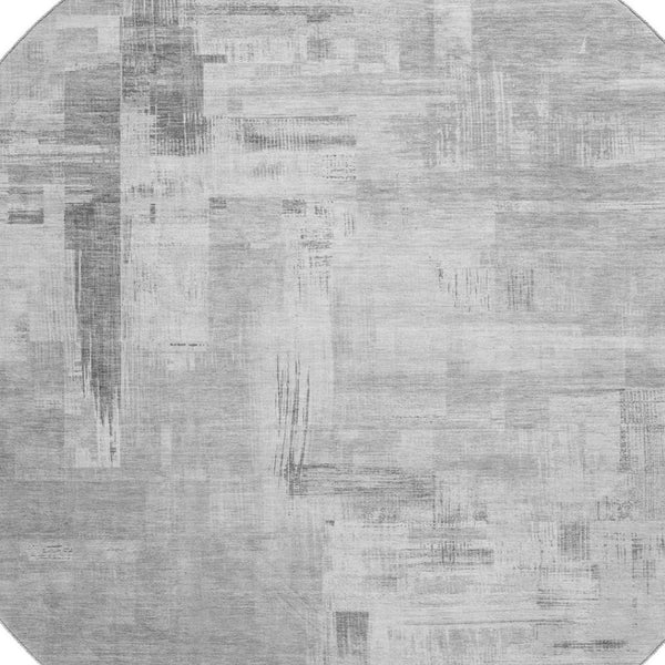 HomeRoots 8' X 8' Abstract Gray, Silver & Charcoal Round Rug - Washable, UV Protected, Non-Slip Backing & Durable 693075