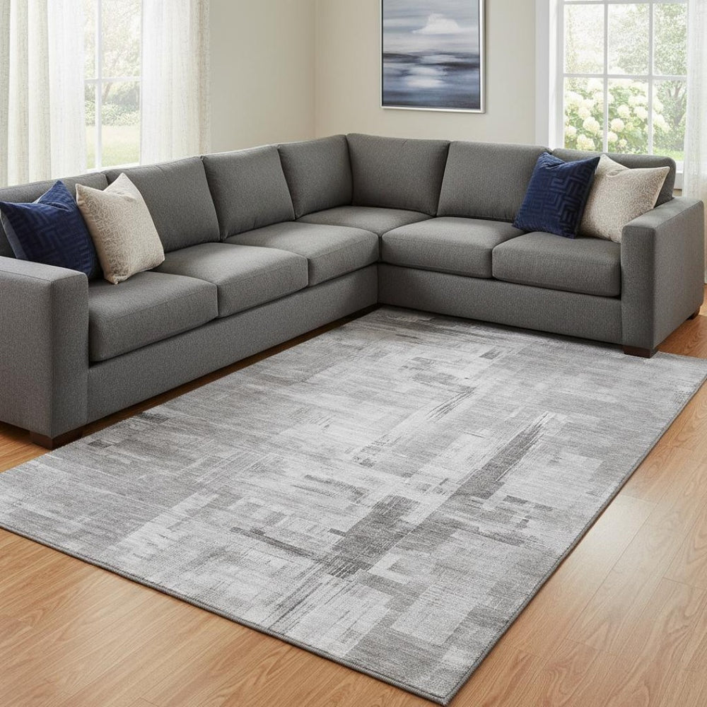 HomeRoots 8' Abstract Gray, Silver, and Charcoal Area Rug – Washable, UV Protected, Perfect for High-Traffic Spaces 693076