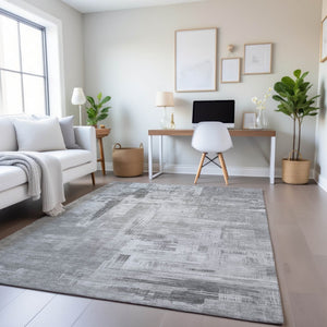 HomeRoots 9' X 12' Gray Silver & Charcoal Abstract Area Rug - Durable, Washable, UV-Protected for Modern Spaces 693077
