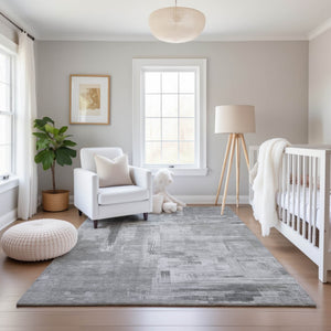 HomeRoots 9' X 12' Gray Silver & Charcoal Abstract Area Rug - Durable, Washable, UV-Protected for Modern Spaces 693077