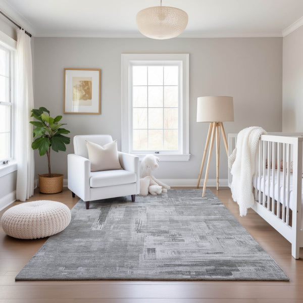 HomeRoots 9' X 12' Gray Silver & Charcoal Abstract Area Rug - Durable, Washable, UV-Protected for Modern Spaces 693077