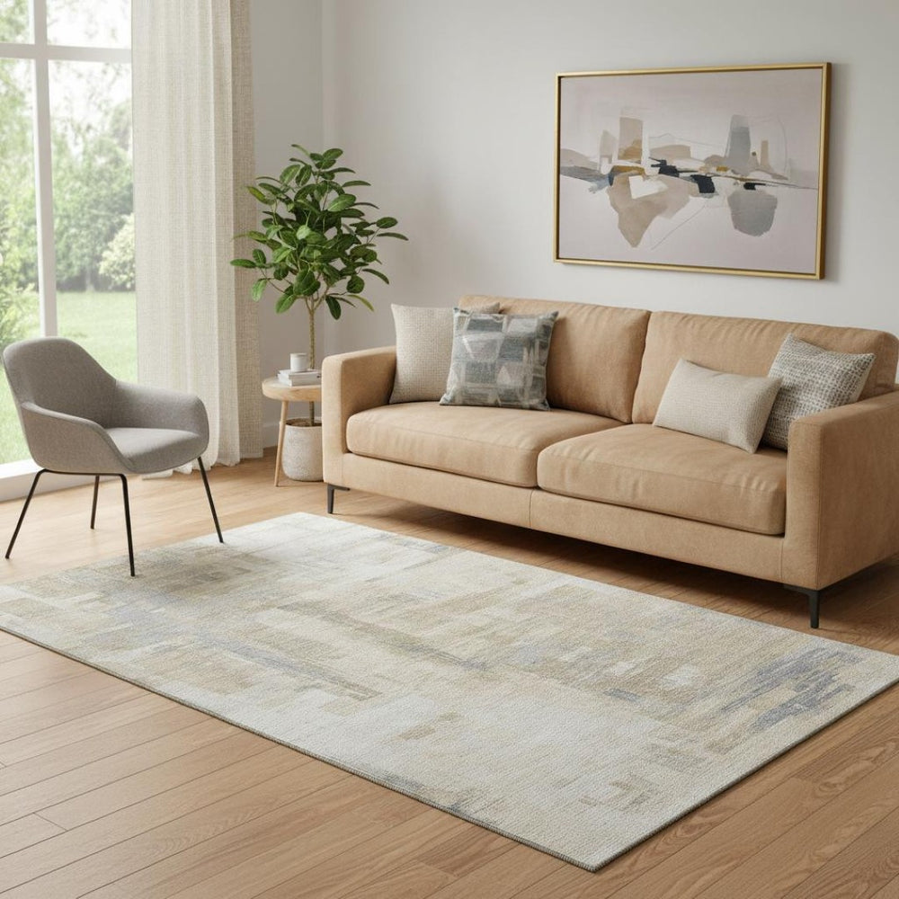 HomeRoots 5' X 8' Washable Ivory Beige & Gray Abstract Area Rug with UV Protection for Stylish High-Traffic Spaces 693080