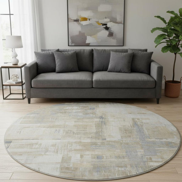 HomeRoots 8' X 8' Washable Ivory Beige and Gray Abstract Round Rug with UV Protection for Indoor and Outdoor Use 693081