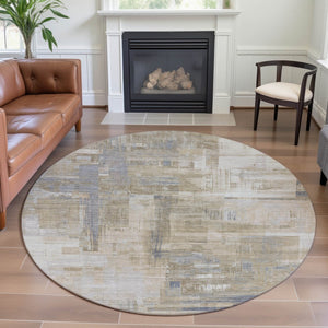 HomeRoots 8' X 8' Washable Ivory Beige and Gray Abstract Round Rug with UV Protection for Indoor and Outdoor Use 693081