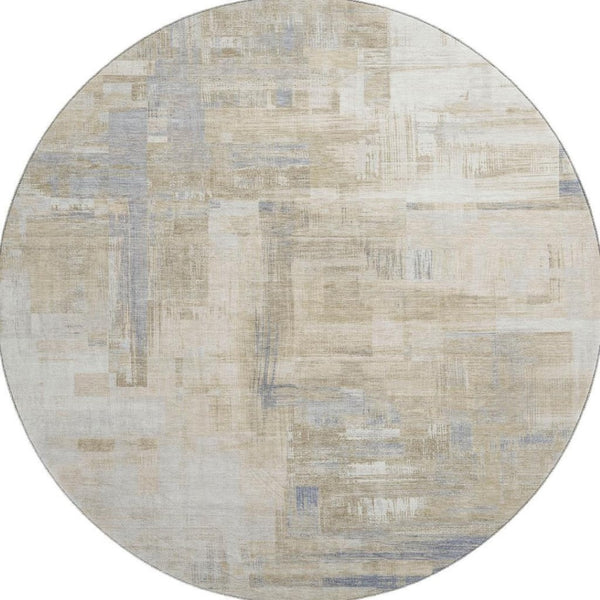 HomeRoots 8' X 8' Washable Ivory Beige and Gray Abstract Round Rug with UV Protection for Indoor and Outdoor Use 693081