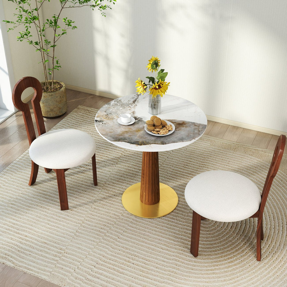 English Elm Modern Round Dining Table - Elegant Sintered Stone Top With Wooden Legs & Gold Base For 2 People W1535S00573