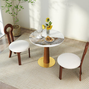 English Elm Modern Round Dining Table - Elegant Sintered Stone Top With Wooden Legs & Gold Base For 2 People W1535S00573