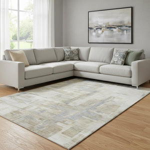 HomeRoots 8' Modern Abstract Ivory Beige and Gray Washable Area Rug with UV Protection for Busy Homes 693082
