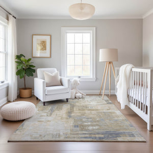 HomeRoots 8' Modern Abstract Ivory Beige and Gray Washable Area Rug with UV Protection for Busy Homes 693082