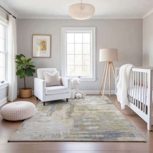 HomeRoots 8' Modern Abstract Ivory Beige and Gray Washable Area Rug with UV Protection for Busy Homes 693082