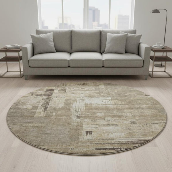 HomeRoots 8' X 8' Washable Coffee Beige & Ivory Abstract Round Rug with UV Protection for Modern Homes 693087