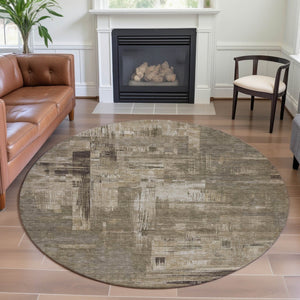 HomeRoots 8' X 8' Washable Coffee Beige & Ivory Abstract Round Rug with UV Protection for Modern Homes 693087