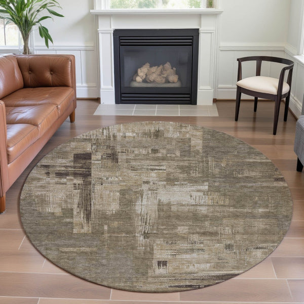 HomeRoots 8' X 8' Washable Coffee Beige & Ivory Abstract Round Rug with UV Protection for Modern Homes 693087