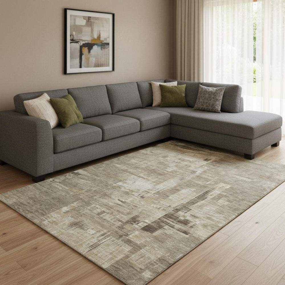 HomeRoots 8' Coffee Beige and Ivory Abstract Area Rug - Washable, UV Protected, Stain Resistant for High-Traffic Areas 693088