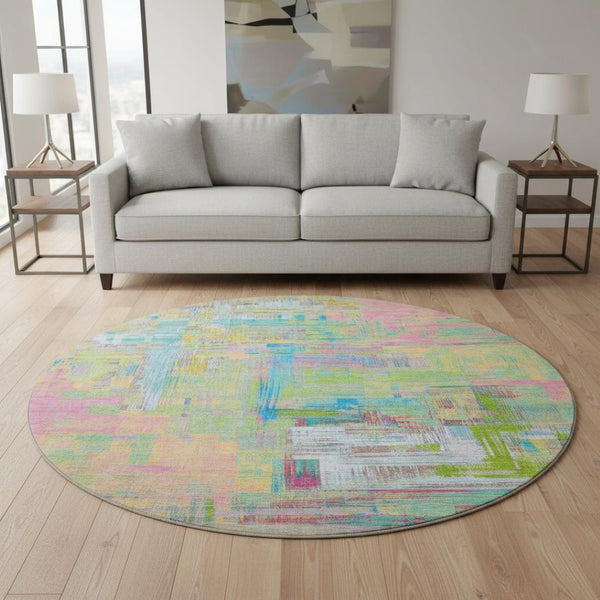 HomeRoots 8' Round Washable Rug in Bold Pink, Teal & Lime Green Abstract Design – UV Protection & Non-Slip Backing 693093