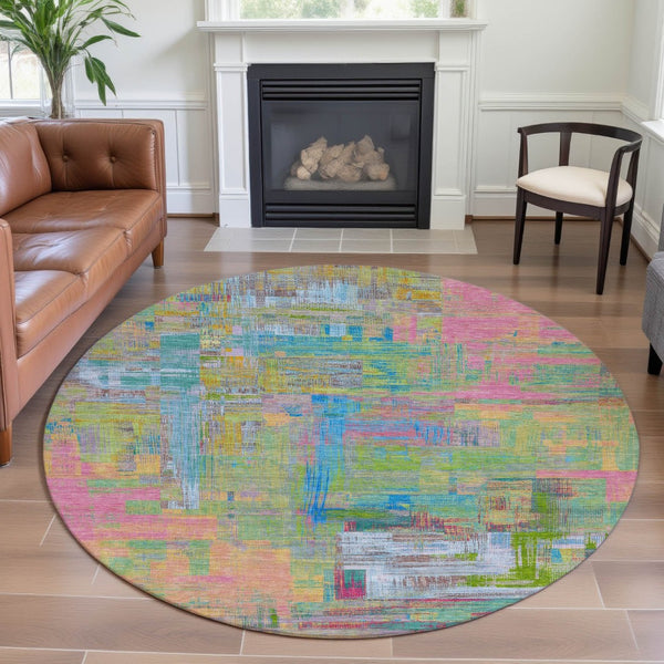 HomeRoots 8' Round Washable Rug in Bold Pink, Teal & Lime Green Abstract Design – UV Protection & Non-Slip Backing 693093