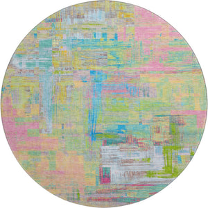 HomeRoots 8' Round Washable Rug in Bold Pink, Teal & Lime Green Abstract Design – UV Protection & Non-Slip Backing 693093