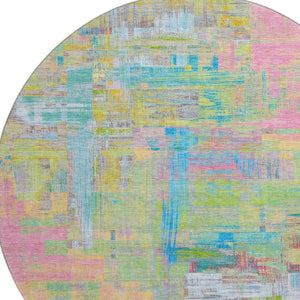 HomeRoots 8' Round Washable Rug in Bold Pink, Teal & Lime Green Abstract Design – UV Protection & Non-Slip Backing 693093