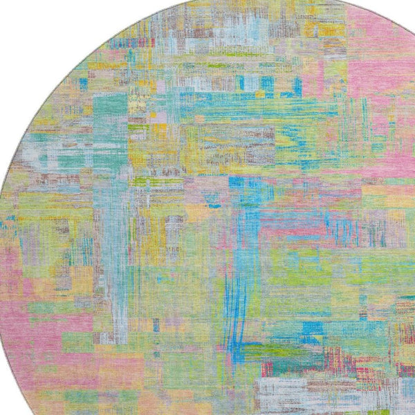HomeRoots 8' Round Washable Rug in Bold Pink, Teal & Lime Green Abstract Design – UV Protection & Non-Slip Backing 693093