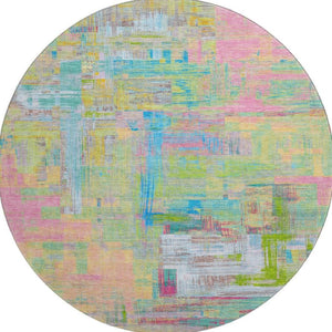 HomeRoots 8' Round Washable Rug in Bold Pink, Teal & Lime Green Abstract Design – UV Protection & Non-Slip Backing 693093