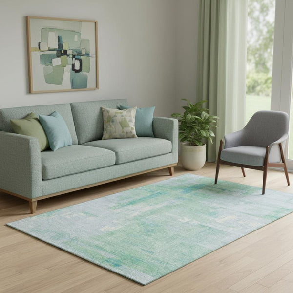 HomeRoots 5' X 8' Washable Sky Blue Ivory Teal Abstract Area Rug with UV Protection & Non-Slip Backing 693098