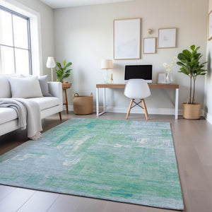 HomeRoots 5' X 8' Washable Sky Blue Ivory Teal Abstract Area Rug with UV Protection & Non-Slip Backing 693098