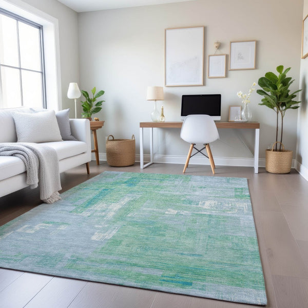 HomeRoots 5' X 8' Washable Sky Blue Ivory Teal Abstract Area Rug with UV Protection & Non-Slip Backing 693098