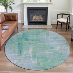 HomeRoots 8' X 8' Stylish Sky Blue and Teal Abstract Washable Rug with UV Protection for Modern Spaces 693099