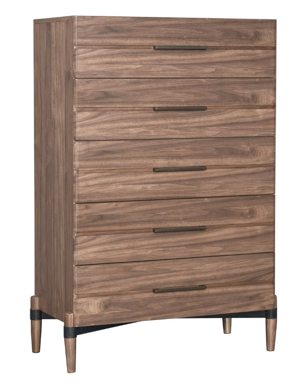 English Elm Tranquility Five Drawer Walnut Veneer Chest with Mid-century Legs and Bronze Hardware B108P411444