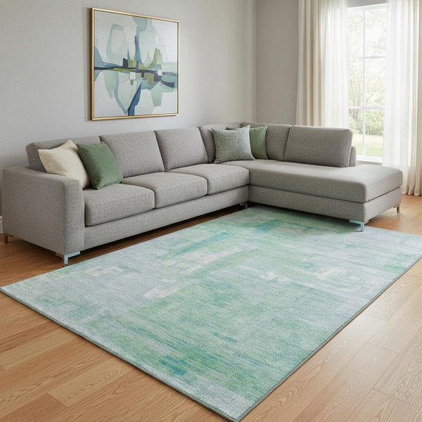 HomeRoots 8' Abstract Area Rug in Sky Blue, Ivory & Teal - Washable, Stain Resistant & UV Protected for Durability 693100