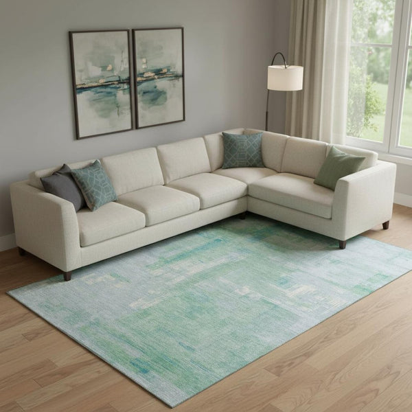 HomeRoots 9' X 12' Contemporary Sky Blue, Ivory & Teal Abstract Area Rug – Washable & UV Protected for Durability 693101