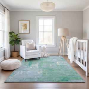 HomeRoots 9' X 12' Contemporary Sky Blue, Ivory & Teal Abstract Area Rug – Washable & UV Protected for Durability 693101