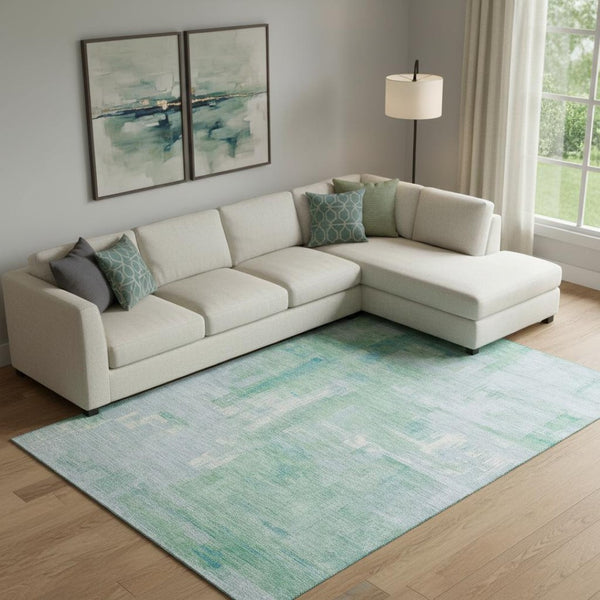 HomeRoots 10' X 14' Sky Blue, Ivory & Teal Abstract Washable Area Rug with UV Protection for Modern Spaces 693102