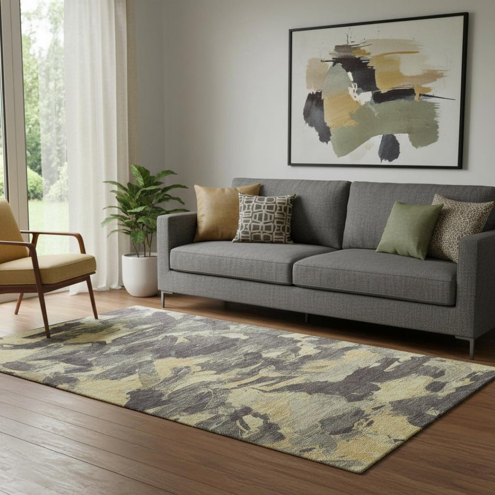 HomeRoots 5' X 8' Charcoal & Gold Abstract Area Rug - Durable, Washable, UV Protected, Non-Slip for Homes 693104