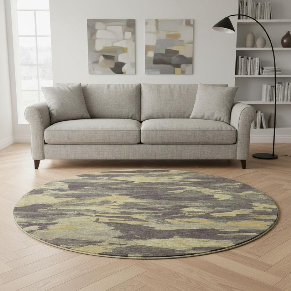 HomeRoots 8' X 8' Charcoal and Gold Round Washable Rug - UV Protected, Durable, Elegant for Modern Spaces 693105