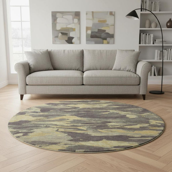 HomeRoots 8' X 8' Charcoal and Gold Round Washable Rug - UV Protected, Durable, Elegant for Modern Spaces 693105