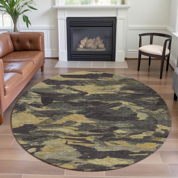 HomeRoots 8' X 8' Charcoal and Gold Round Washable Rug - UV Protected, Durable, Elegant for Modern Spaces 693105