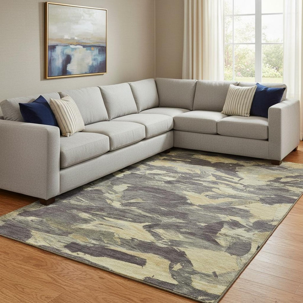 HomeRoots 8' Charcoal and Gold Abstract Area Rug - Washable, Stain-Resistant with UV Protection for High Traffic Spaces 693106