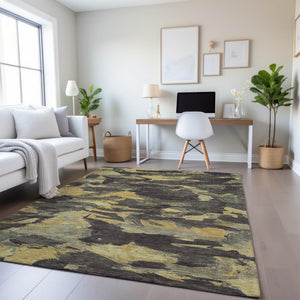 HomeRoots 9' X 12' Charcoal and Gold Abstract Washable Rug - Stylish, Durable, UV-Protected for Modern Homes 693107