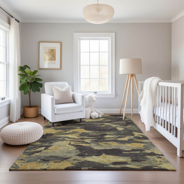 HomeRoots 9' X 12' Charcoal and Gold Abstract Washable Rug - Stylish, Durable, UV-Protected for Modern Homes 693107