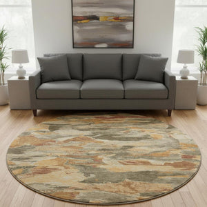 HomeRoots 8' X 8' Stylish Copper Gray & Taupe Abstract Washable Round Rug with UV Protection for Busy Homes 693111