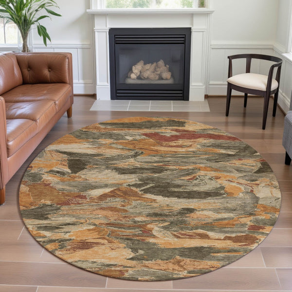 HomeRoots 8' X 8' Stylish Copper Gray & Taupe Abstract Washable Round Rug with UV Protection for Busy Homes 693111