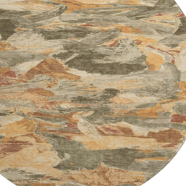 HomeRoots 8' X 8' Stylish Copper Gray & Taupe Abstract Washable Round Rug with UV Protection for Busy Homes 693111